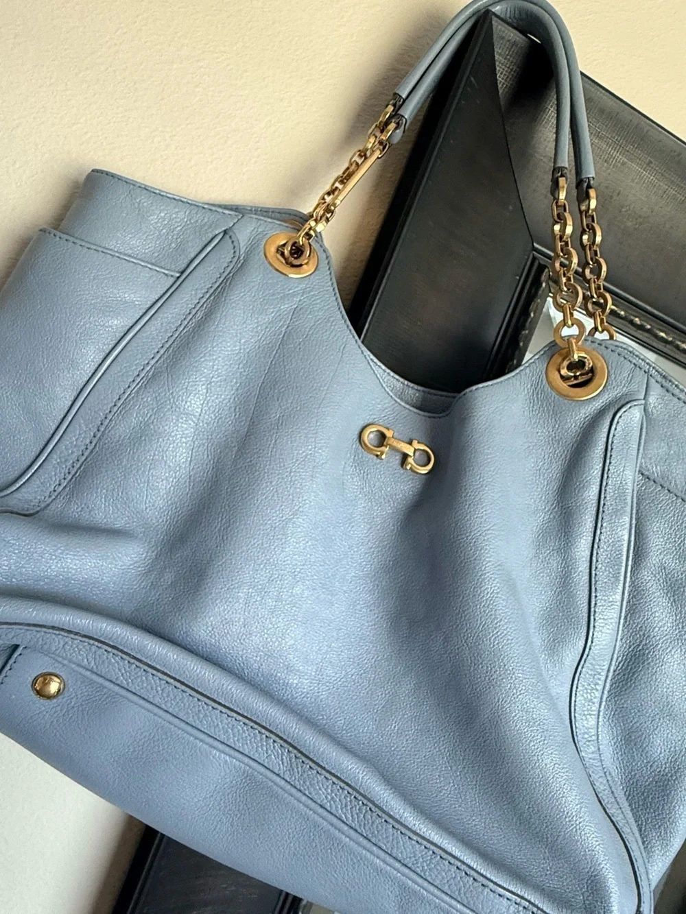Light Blue Salvatore Ferragamo Leather Tote Bag with Gold Hardware